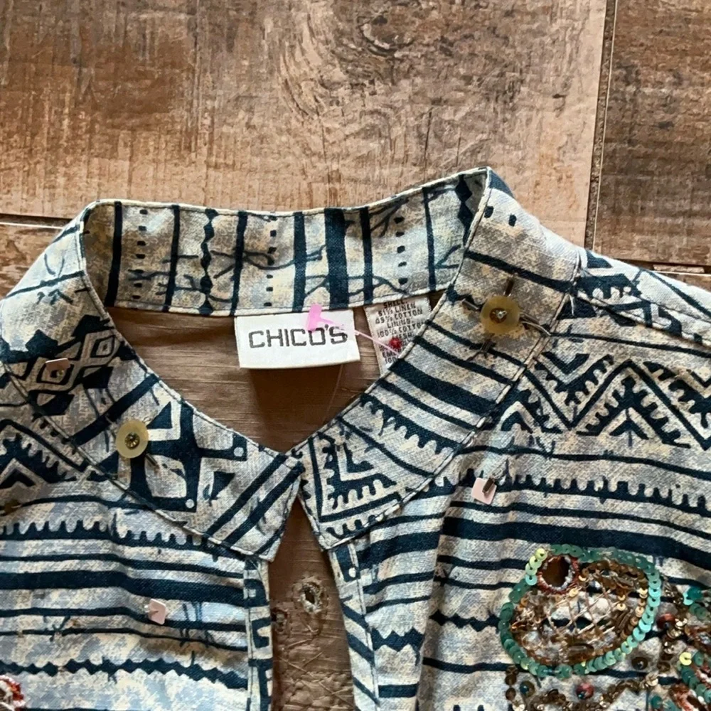 CHICOS‎ SIZE 3  12-14  Embroidered beaded ARTISAN INDIGO Women's Jacket -NWOT